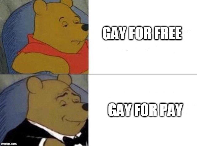 Tuxedo Winnie The Pooh Meme | GAY FOR FREE; GAY FOR PAY | image tagged in tuxedo winnie the pooh | made w/ Imgflip meme maker