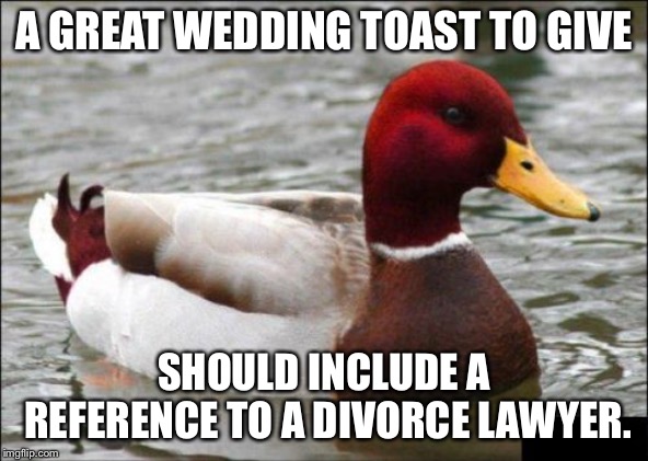 Wedding toast to a divorce lawyer | A GREAT WEDDING TOAST TO GIVE; SHOULD INCLUDE A REFERENCE TO A DIVORCE LAWYER. | image tagged in memes,malicious advice mallard,lawyer,divorce,married,wedding | made w/ Imgflip meme maker