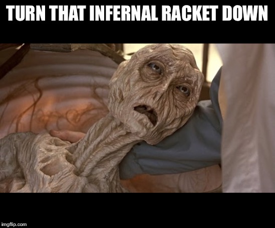 Alien Dying | TURN THAT INFERNAL RACKET DOWN | image tagged in alien dying | made w/ Imgflip meme maker