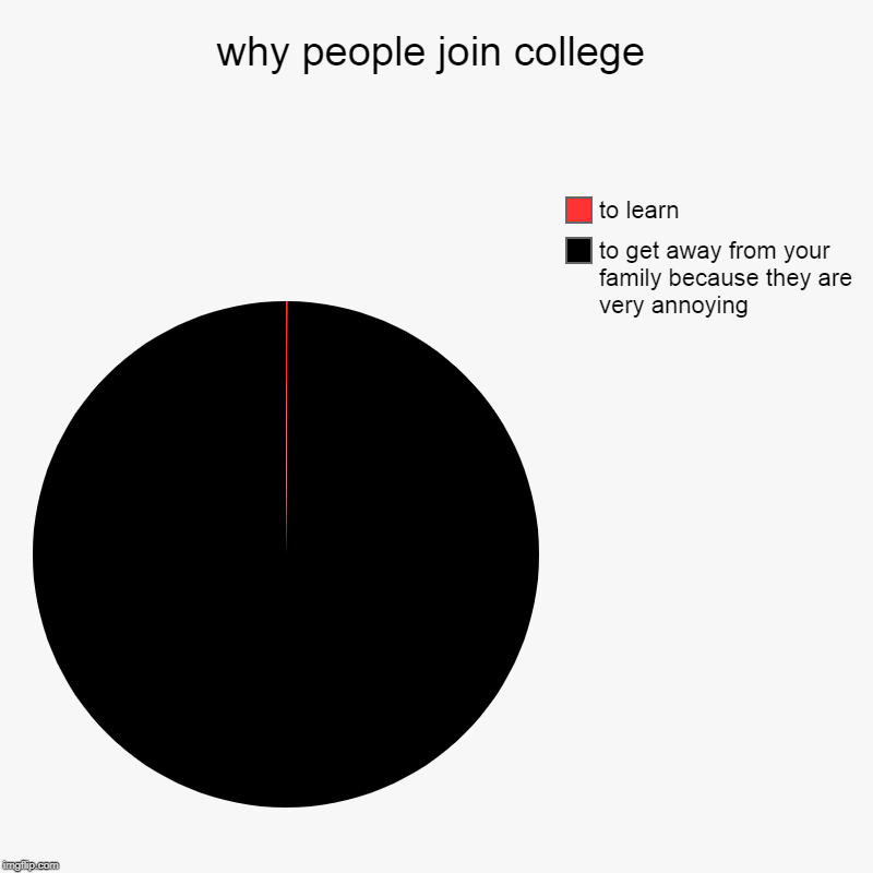 why people join college | to get away from your family because they are very annoying, to learn | image tagged in charts,pie charts | made w/ Imgflip chart maker
