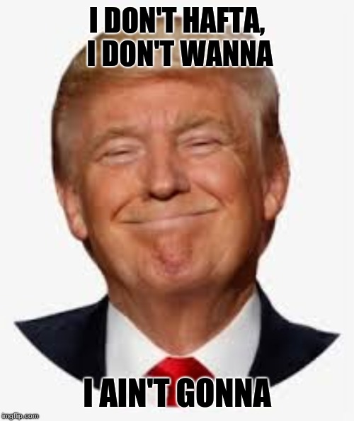 trump grin | I DON'T HAFTA, I DON'T WANNA; I AIN'T GONNA | image tagged in trump grin | made w/ Imgflip meme maker