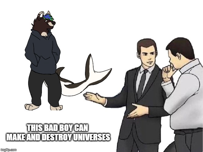 Car Salesman Slaps Hood Meme | THIS BAD BOY CAN MAKE AND DESTROY UNIVERSES | image tagged in memes,car salesman slaps hood | made w/ Imgflip meme maker