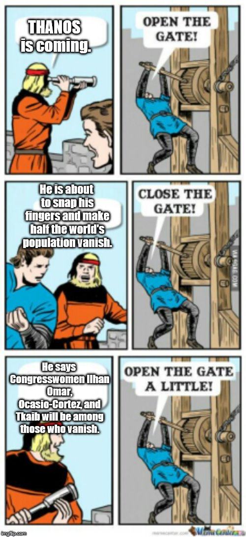 I've never done a "gate" one before. | THANOS is coming. He is about to snap his fingers and make half the world's population vanish. He says Congresswomen Ilhan Omar, Ocasio-Cortez, and Tkaib will be among those who vanish. | image tagged in open the gate a little | made w/ Imgflip meme maker