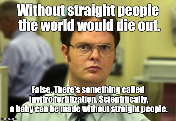 Dwight Schrute | Without straight people the world would die out. False. There's something called invitro fertilization. Scientifically, a baby can be made without straight people. | image tagged in memes,dwight schrute | made w/ Imgflip meme maker