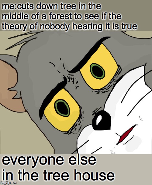 technically nobody else heard it....so I got away with murder? | me:cuts down tree in the middle of a forest to see if the theory of nobody hearing it is true; everyone else in the tree house | image tagged in trees,unsettled tom,tom cat unsettled close up,memes,funny memes | made w/ Imgflip meme maker