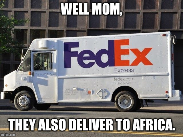 Fed ex | WELL MOM, THEY ALSO DELIVER TO AFRICA. | image tagged in fed ex | made w/ Imgflip meme maker