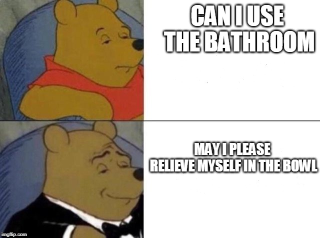 Tuxedo Winnie The Pooh | CAN I USE THE BATHROOM; MAY I PLEASE RELIEVE MYSELF IN THE BOWL | image tagged in tuxedo winnie the pooh | made w/ Imgflip meme maker