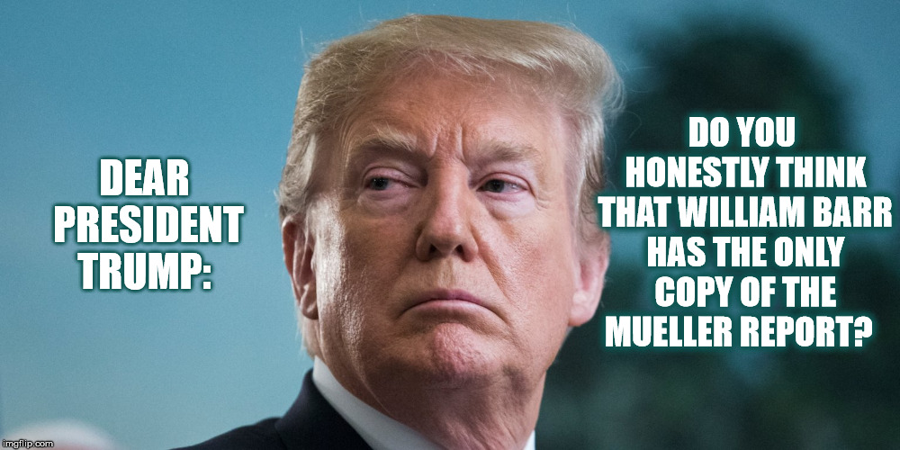 Release The Entire Mueller Report – The American People Are Not Stupid | DO YOU HONESTLY THINK THAT WILLIAM BARR HAS THE ONLY COPY OF THE MUELLER REPORT? DEAR PRESIDENT TRUMP: | image tagged in mueller report,donald trump,bill barr,obstruction of justice,collusion,cover up | made w/ Imgflip meme maker