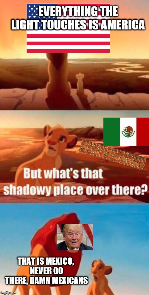 Simba Shadowy Place Meme | EVERYTHING THE LIGHT TOUCHES IS AMERICA; THAT IS MEXICO, NEVER GO THERE, DAMN MEXICANS | image tagged in memes,simba shadowy place | made w/ Imgflip meme maker