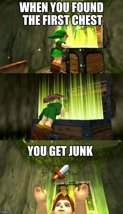 Link Gets Item | WHEN YOU FOUND THE FIRST CHEST; YOU GET JUNK | image tagged in link gets item | made w/ Imgflip meme maker