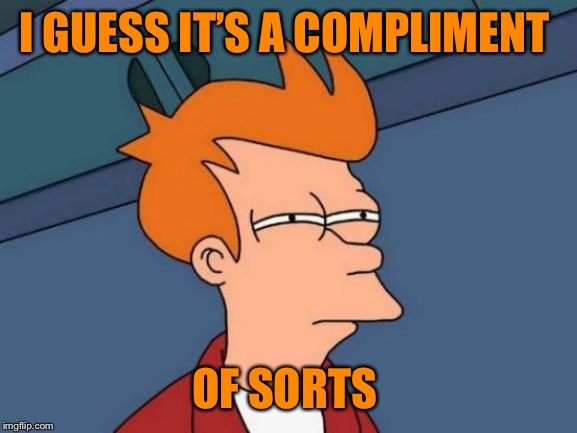 Futurama Fry Meme | I GUESS IT’S A COMPLIMENT OF SORTS | image tagged in memes,futurama fry | made w/ Imgflip meme maker