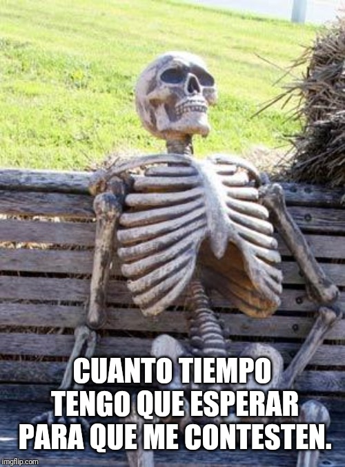 Waiting Skeleton Meme | CUANTO TIEMPO TENGO QUE ESPERAR PARA QUE ME CONTESTEN. | image tagged in memes,waiting skeleton | made w/ Imgflip meme maker