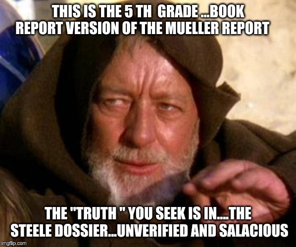 These are not the droids you're looking for | THIS IS THE 5 TH  GRADE ...BOOK REPORT VERSION OF THE MUELLER REPORT; THE "TRUTH " YOU SEEK IS IN....THE STEELE DOSSIER...UNVERIFIED AND SALACIOUS | image tagged in these are not the droids you're looking for | made w/ Imgflip meme maker