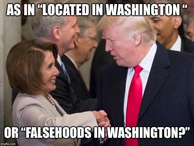 trump pelosi | AS IN “LOCATED IN WASHINGTON “ OR “FALSEHOODS IN WASHINGTON?” | image tagged in trump pelosi | made w/ Imgflip meme maker