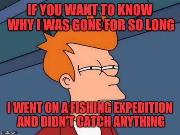 One of these days, I'll find what I'm looking for. Then I'll toss it back. | IF YOU WANT TO KNOW WHY I WAS GONE FOR SO LONG; I WENT ON A FISHING EXPEDITION AND DIDN'T CATCH ANYTHING | image tagged in memes,futurama fry,puns,fishing | made w/ Imgflip meme maker