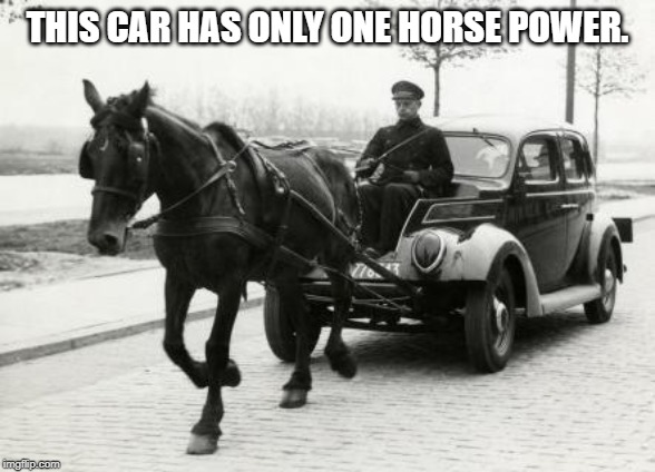  THIS CAR HAS ONLY ONE HORSE POWER. | image tagged in horse is car engine | made w/ Imgflip meme maker