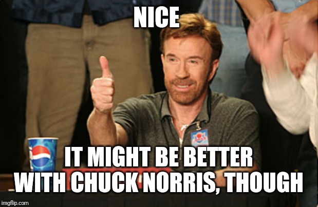 Chuck Norris Approves Meme | NICE IT MIGHT BE BETTER WITH CHUCK NORRIS, THOUGH | image tagged in memes,chuck norris approves,chuck norris | made w/ Imgflip meme maker