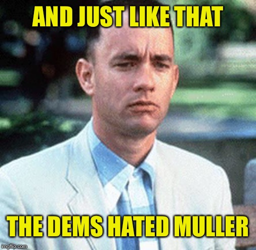 forrest gump | AND JUST LIKE THAT; THE DEMS HATED MULLER | image tagged in forrest gump | made w/ Imgflip meme maker