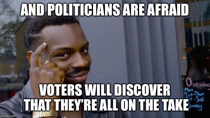 Roll Safe Think About It Meme | AND POLITICIANS ARE AFRAID VOTERS WILL DISCOVER THAT THEY’RE ALL ON THE TAKE | image tagged in memes,roll safe think about it | made w/ Imgflip meme maker