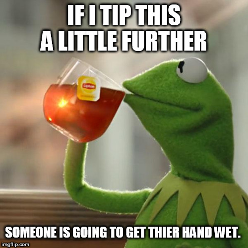 But That's None Of My Business Meme | IF I TIP THIS A LITTLE FURTHER; SOMEONE IS GOING TO GET THIER HAND WET. | image tagged in memes,but thats none of my business,kermit the frog | made w/ Imgflip meme maker