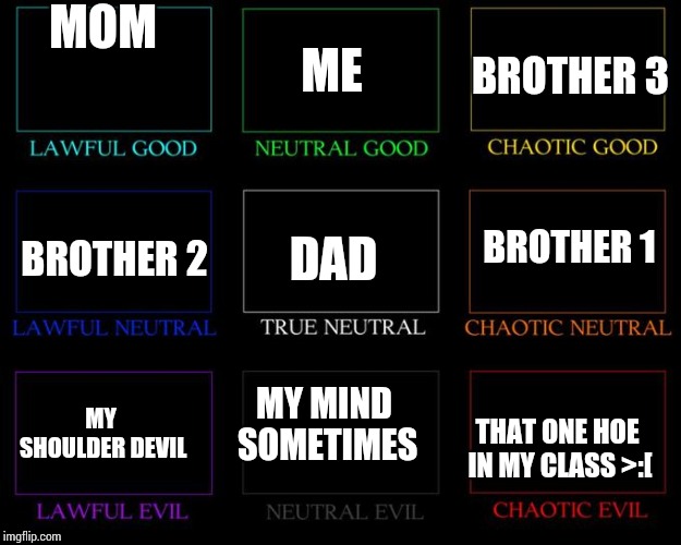 If you're wondering about the brother 1, brother 2, brother 3 thing I have three brothers and would prefer not to say their name | MOM; ME; BROTHER 3; BROTHER 1; BROTHER 2; DAD; MY MIND SOMETIMES; MY SHOULDER DEVIL; THAT ONE HOE IN MY CLASS >:[ | image tagged in alignment chart | made w/ Imgflip meme maker