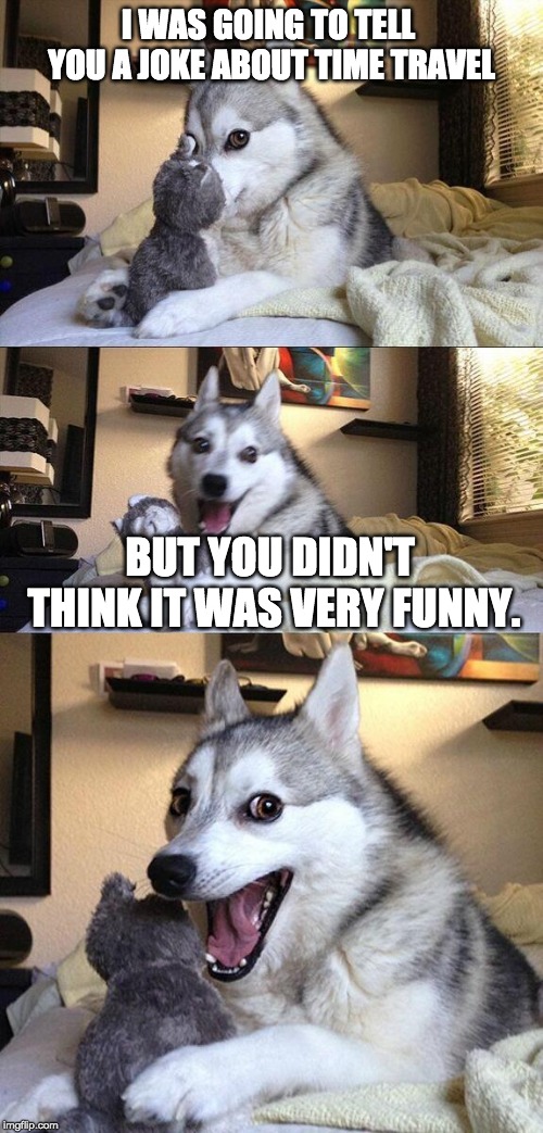 Get it? | I WAS GOING TO TELL YOU A JOKE ABOUT TIME TRAVEL; BUT YOU DIDN'T THINK IT WAS VERY FUNNY. | image tagged in memes,bad pun dog | made w/ Imgflip meme maker