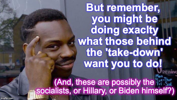 Roll Safe Think About It Meme | But remember, you might be doing exaclty what those behind the 'take-down' want you to do! (And, these are possibly the socialists, or Hilla | image tagged in memes,roll safe think about it | made w/ Imgflip meme maker