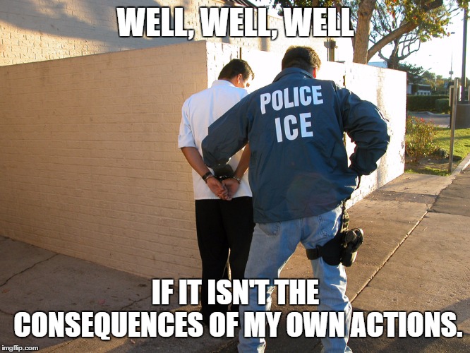 ICE Arrest | WELL, WELL, WELL; IF IT ISN'T THE CONSEQUENCES OF MY OWN ACTIONS. | image tagged in ice arrest,illegal immigrant,random | made w/ Imgflip meme maker