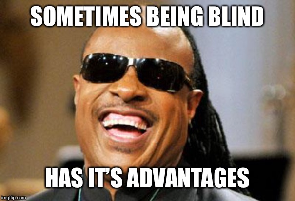 Stevie Wonder | SOMETIMES BEING BLIND HAS IT’S ADVANTAGES | image tagged in stevie wonder | made w/ Imgflip meme maker