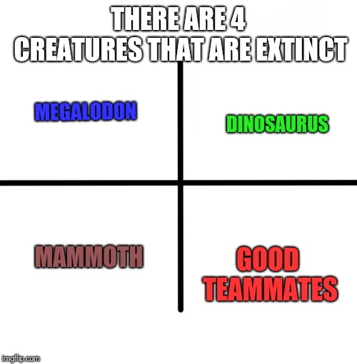 Blank Starter Pack | THERE ARE 4 CREATURES THAT ARE EXTINCT; MEGALODON; DINOSAURUS; MAMMOTH; GOOD TEAMMATES | image tagged in memes,blank starter pack | made w/ Imgflip meme maker