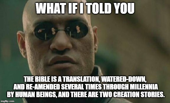Matrix Morpheus | WHAT IF I TOLD YOU; THE BIBLE IS A TRANSLATION, WATERED-DOWN, AND RE-AMENDED SEVERAL TIMES THROUGH MILLENNIA BY HUMAN BEINGS, AND THERE ARE TWO CREATION STORIES. | image tagged in memes,matrix morpheus | made w/ Imgflip meme maker