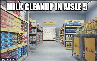 MILK CLEANUP IN AISLE 5 | image tagged in gifs | made w/ Imgflip video-to-gif maker