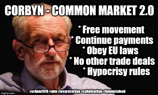 Corbyn - Common market 2.0 | CORBYN - COMMON MARKET 2.0; * Free movement * Continue payments * Obey EU laws   * No other trade deals      * Hypocrisy rules; #jc4pm2019 #gtto #wearecorbyn #cultofcorbyn #labourisdead | image tagged in wearecorbyn,gtto jc4pm2019,cultofcorbyn,labourisdead,anti-semite and a racist,communist socialist | made w/ Imgflip meme maker