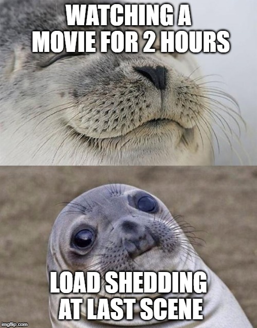 Short Satisfaction VS Truth Meme | WATCHING A MOVIE FOR 2 HOURS; LOAD SHEDDING AT LAST SCENE | image tagged in memes,short satisfaction vs truth | made w/ Imgflip meme maker