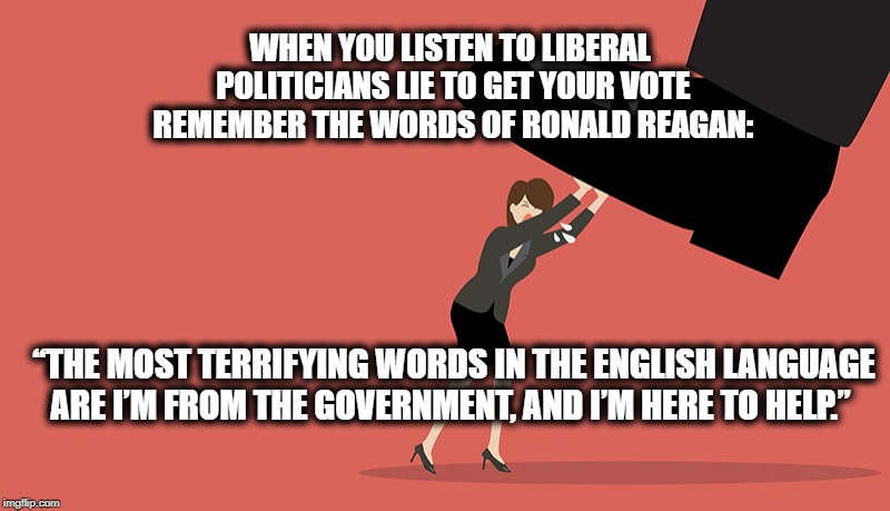 When Liberals LIE remember THIS! | WHEN YOU LISTEN TO LIBERAL POLITICIANS LIE TO GET YOUR VOTE REMEMBER THE WORDS OF RONALD REAGAN:; “THE MOST TERRIFYING WORDS IN THE ENGLISH LANGUAGE ARE I’M FROM THE GOVERNMENT, AND I’M HERE TO HELP.” | image tagged in politics,political meme,meme,ronald reagan | made w/ Imgflip meme maker
