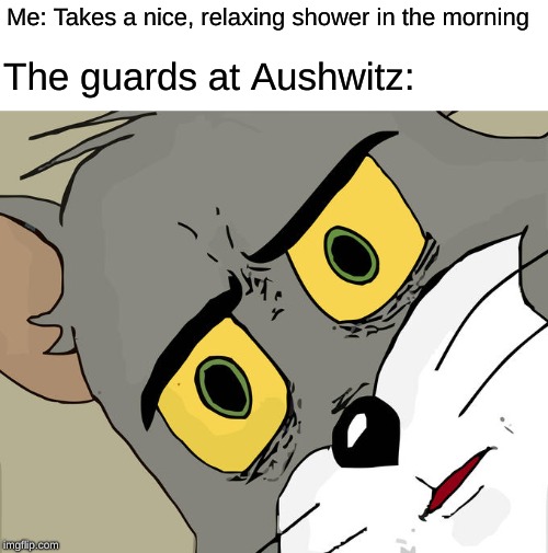 Unsettled Tom | Me: Takes a nice, relaxing shower in the morning; The guards at Aushwitz: | image tagged in memes,unsettled tom | made w/ Imgflip meme maker