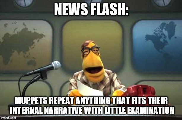 Muppet News Flash | NEWS FLASH: MUPPETS REPEAT ANYTHING THAT FITS THEIR INTERNAL NARRATIVE WITH LITTLE EXAMINATION | image tagged in muppet news flash | made w/ Imgflip meme maker