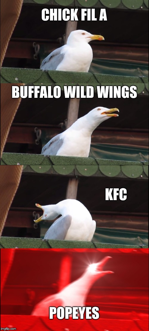 Inhaling Seagull | CHICK FIL A; BUFFALO WILD WINGS; KFC; POPEYES | image tagged in memes,inhaling seagull | made w/ Imgflip meme maker