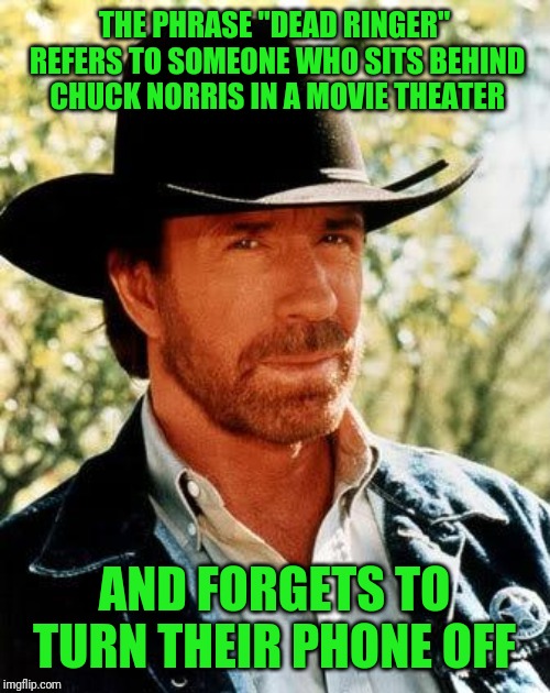 Chuck Norris at the Movies |  THE PHRASE "DEAD RINGER" REFERS TO SOMEONE WHO SITS BEHIND CHUCK NORRIS IN A MOVIE THEATER; AND FORGETS TO TURN THEIR PHONE OFF | image tagged in memes,chuck norris,movie humor,chuck norris fact,internet noob,thewalkingdead | made w/ Imgflip meme maker