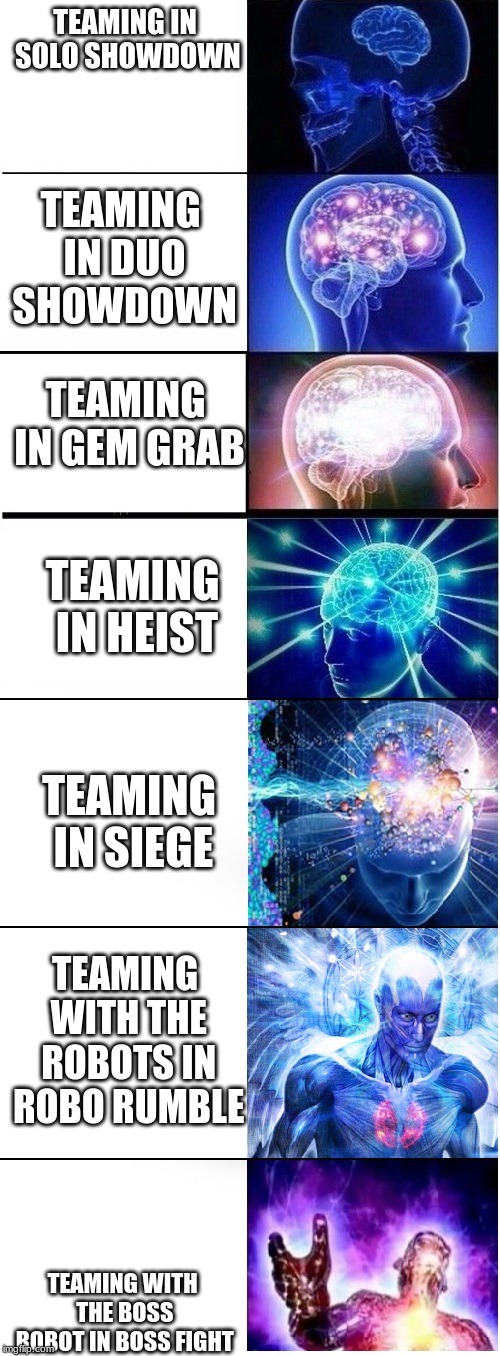 Expanding brain extended 2 | TEAMING IN SOLO SHOWDOWN; TEAMING IN DUO SHOWDOWN; TEAMING IN GEM GRAB; TEAMING IN HEIST; TEAMING IN SIEGE; TEAMING WITH THE ROBOTS IN ROBO RUMBLE; TEAMING WITH THE BOSS ROBOT IN BOSS FIGHT | image tagged in expanding brain extended 2 | made w/ Imgflip meme maker