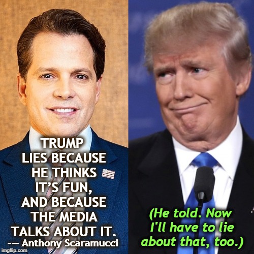 TRUMP LIES BECAUSE HE THINKS IT’S FUN, AND BECAUSE THE MEDIA TALKS ABOUT IT. (He told. Now I'll have to lie about that, too.); --- Anthony Scaramucci | image tagged in trump,lies,scaramucci,media | made w/ Imgflip meme maker
