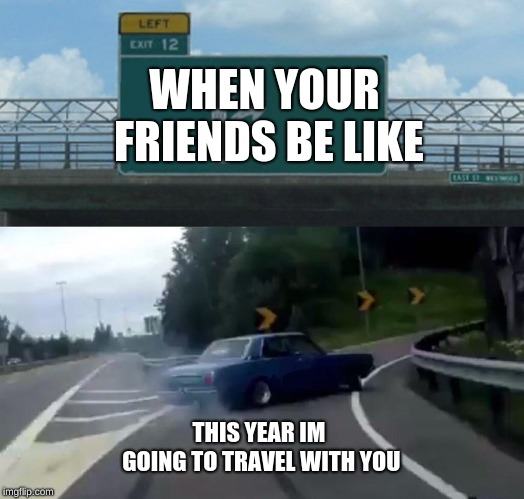 Left Exit 12 Off Ramp Meme | WHEN YOUR FRIENDS BE LIKE; THIS YEAR IM GOING TO TRAVEL WITH YOU | image tagged in memes,left exit 12 off ramp | made w/ Imgflip meme maker