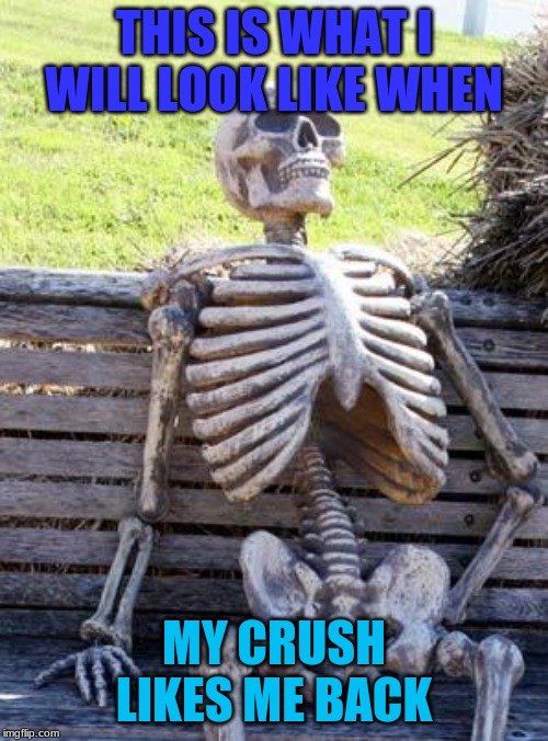 Waiting Skeleton | THIS IS WHAT I WILL LOOK LIKE WHEN; MY CRUSH LIKES ME BACK | image tagged in memes,waiting skeleton | made w/ Imgflip meme maker