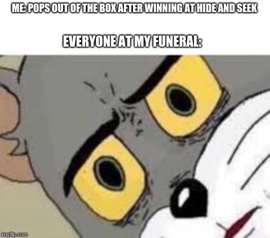 ME: POPS OUT OF THE BOX AFTER WINNING AT HIDE AND SEEK; EVERYONE AT MY FUNERAL: | image tagged in tom and jerry,funny memes | made w/ Imgflip meme maker
