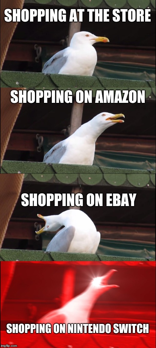 Inhaling Seagull Meme | SHOPPING AT THE STORE; SHOPPING ON AMAZON; SHOPPING ON EBAY; SHOPPING ON NINTENDO SWITCH | image tagged in memes,inhaling seagull | made w/ Imgflip meme maker