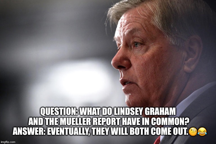 The Lindsey Graham Report | QUESTION: WHAT DO LINDSEY GRAHAM AND THE MUELLER REPORT HAVE IN COMMON? 
ANSWER: EVENTUALLY, THEY WILL BOTH COME OUT.🧐😂 | image tagged in lindsey graham,gay,donald trump,mueller report,coming out | made w/ Imgflip meme maker
