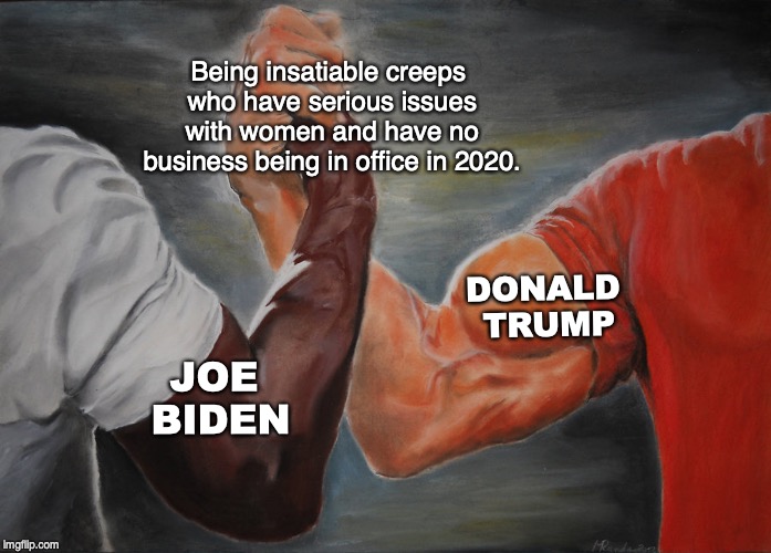 Epic Handshake | Being insatiable creeps who have serious issues with women and have no business being in office in 2020. DONALD TRUMP; JOE BIDEN | image tagged in epic handshake,joe biden,donald trump,election 2020 | made w/ Imgflip meme maker