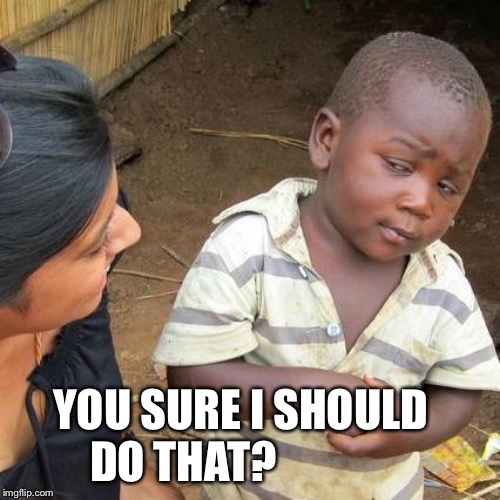 Third World Skeptical Kid | YOU SURE I SHOULD     DO THAT? | image tagged in memes,third world skeptical kid | made w/ Imgflip meme maker