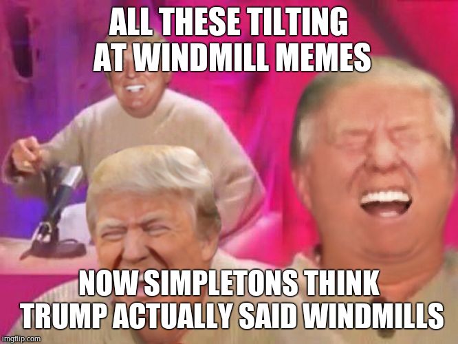 Laughing Trump | ALL THESE TILTING AT WINDMILL MEMES NOW SIMPLETONS THINK TRUMP ACTUALLY SAID WINDMILLS | image tagged in laughing trump | made w/ Imgflip meme maker