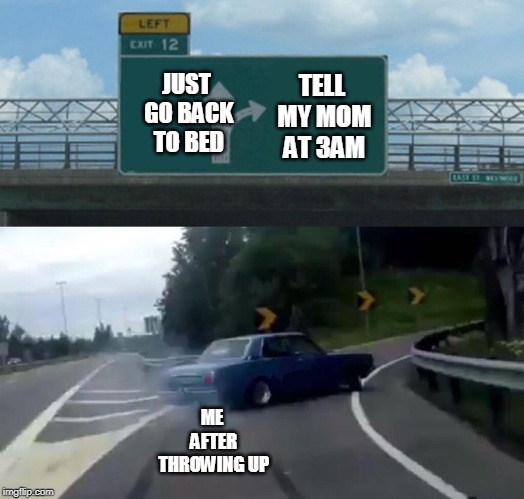 Left Exit 12 Off Ramp | JUST GO BACK TO BED; TELL MY MOM AT 3AM; ME AFTER THROWING UP | image tagged in memes,left exit 12 off ramp | made w/ Imgflip meme maker